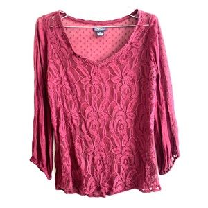 LUCKY BRAND boho lace blouse shirt top XS burgundy floral cotton blend